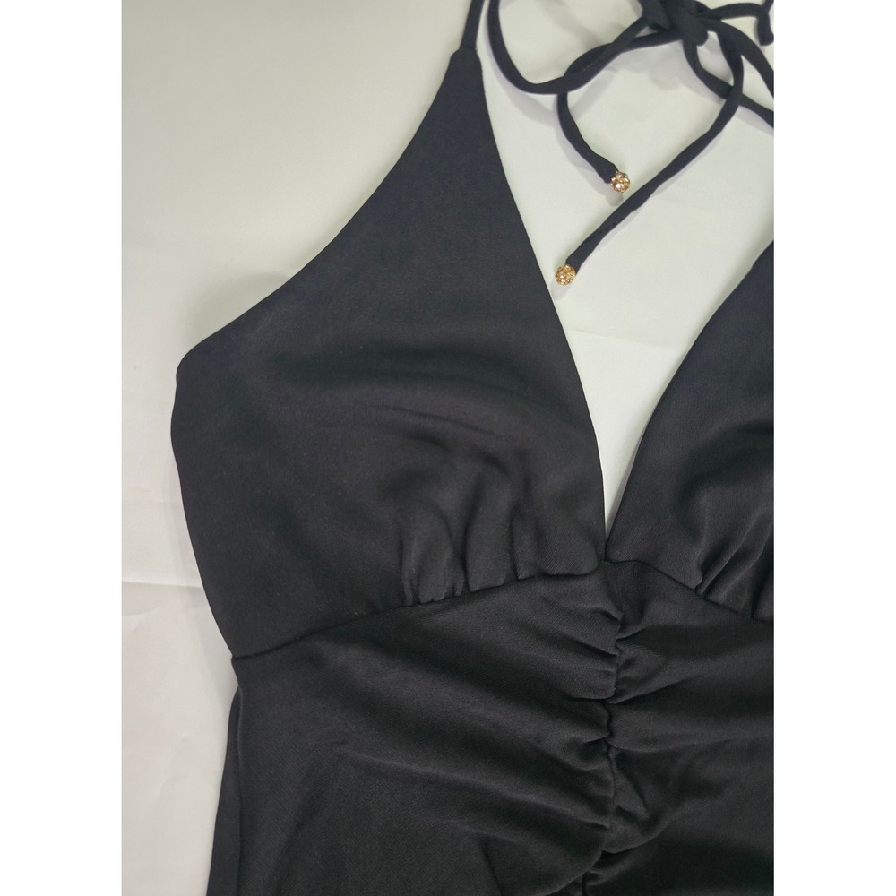 ABS by Allen Schwartz Black Halter Mini Dress Ruched Ruffle Hem Petite 388YU05 - Picture 7 of 16
